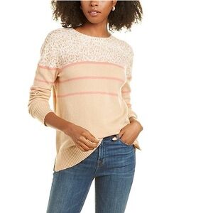 BeachLunchLounge Paola Oatmeal Leopard Print Stripe Block Pullover Sweater L